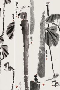 杜觉民 丙子（1996年）作 花鸟 四屏立轴