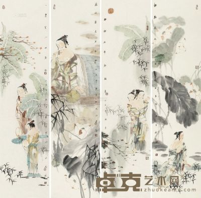 韦文翔 壬辰（2012年）作 人物 四屏立轴 135.5×34.5cm×4