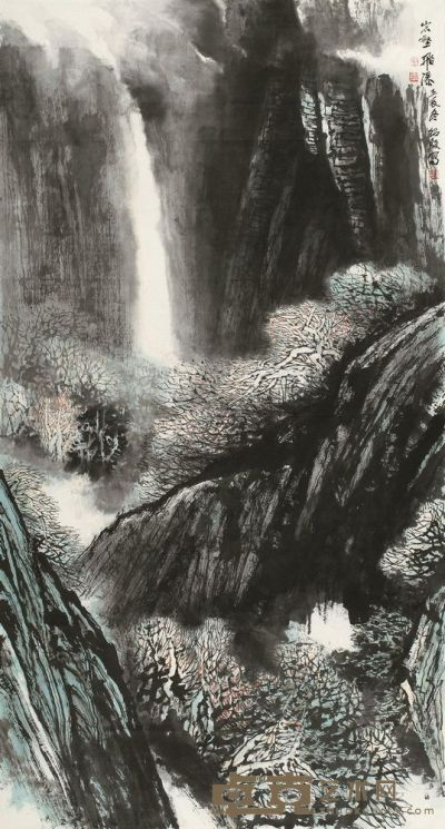 覃绍殷 岩壑飞瀑 镜片 179×96cm