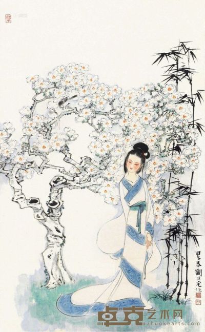 刘旦宅 甲子（1984）年作 玉兰仕女 立轴 68.5×42.5cm