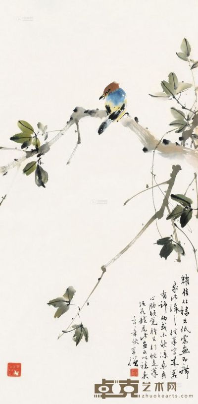 黄幻吾 1942年作 秋叶鸣禽 镜片 67×33.5cm