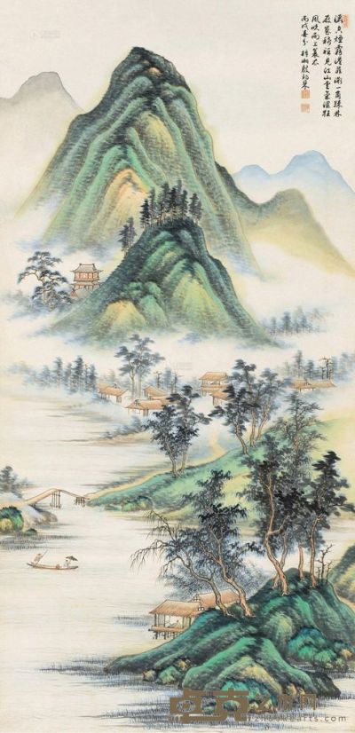 殷梓湘 丙戌（1958）年作 春雨山蒙 镜片 137×66.5cm