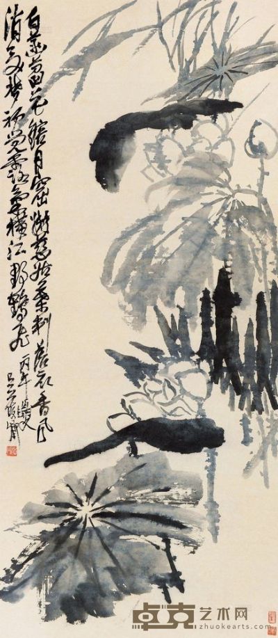 吴昌硕 丙午（1906）年作 墨荷图 立轴 109×48cm
