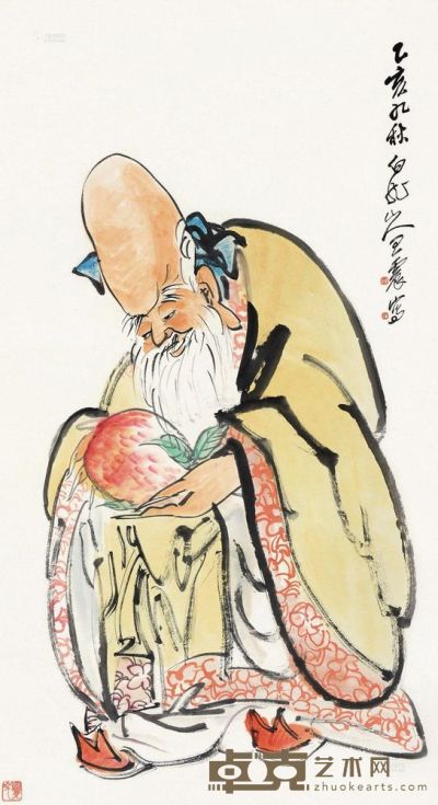 王震 乙亥（1935）年作 仙桃献寿 立轴 151×82cm