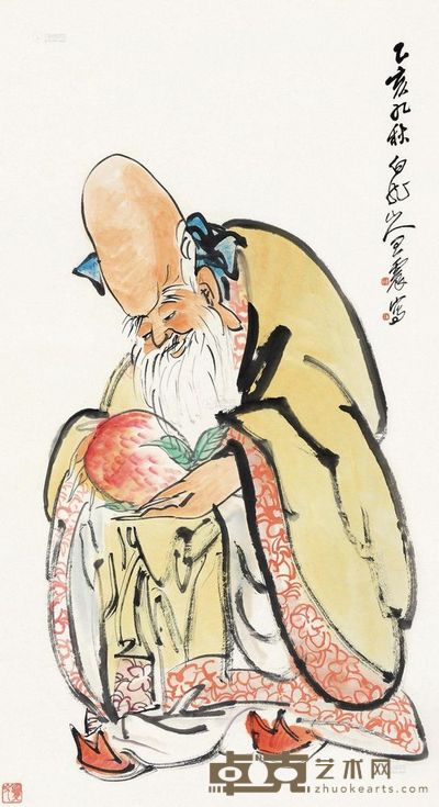 王震 乙亥(1935)年作 仙桃献寿 立轴 151×82cm