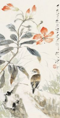 唐云 丁亥（1947）年作 萱草小鸟 镜框