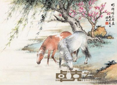 殷梓湘 丙辰（1976）年作 双骏图 镜片 23×32cm