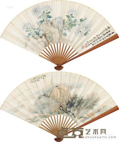 张熊 杨伯润 乙亥（1875）年作 秋花图 塔影归帆 成扇 19×52cm