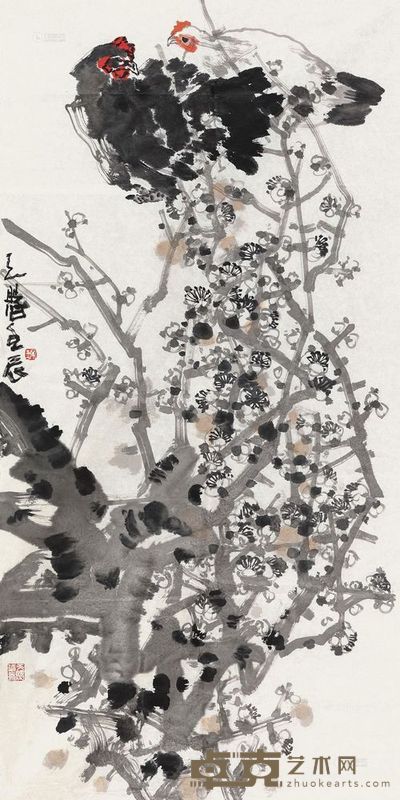 谢天赐 2012年作 梅花双吉 镜心 136×69cm