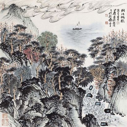 沈明权 2013年作 桐江帆影 镜心