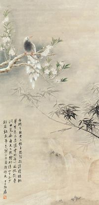 张大千 1937年作 桃花翠鸟 立轴