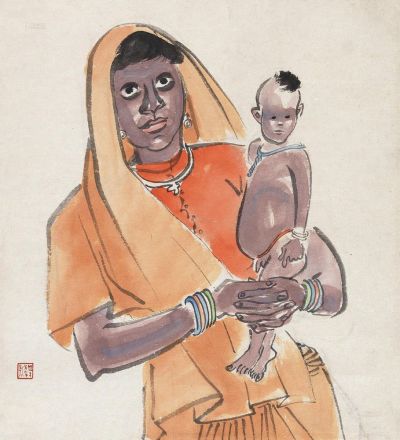 叶浅予 上世纪40年代初作 印度妇孺 镜心
