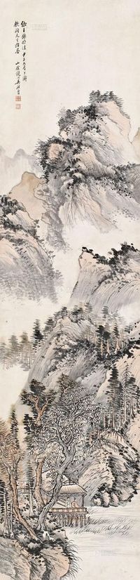 吴镜汀 甲子（1924）年作 秋山水阁 立轴