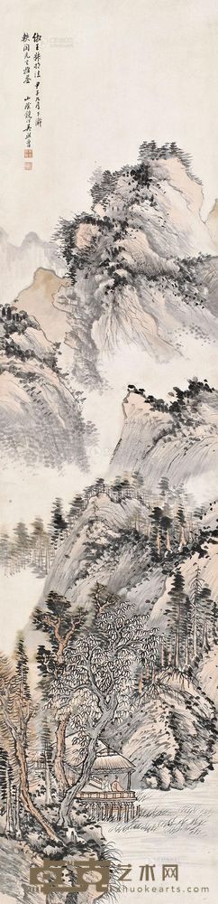 吴镜汀 甲子（1924）年作 秋山水阁 立轴 132.5×32.5cm