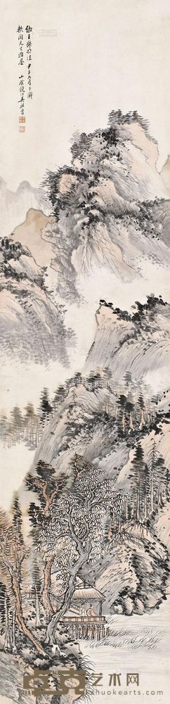 吴镜汀 甲子(1924)年作 秋山水阁 立轴 132.5×32.5cm