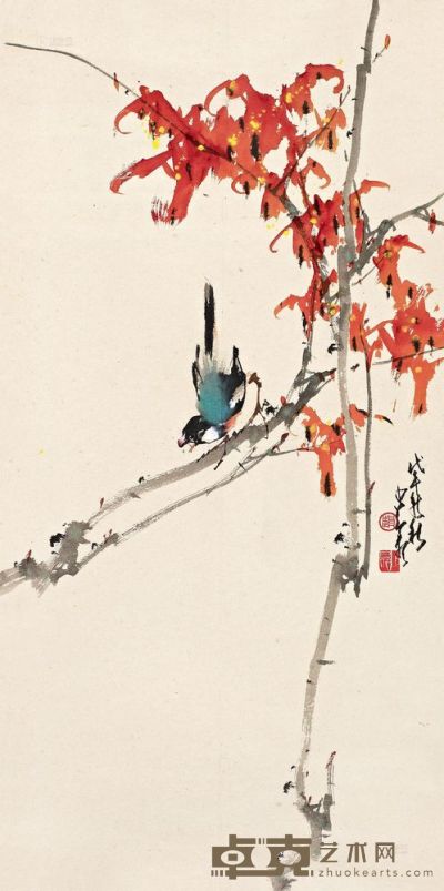 赵少昂 戊午（1978）年作 秋叶鸣禽 立轴 83.2×41.5cm