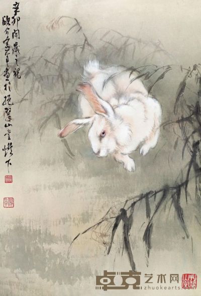 欧豪年 辛卯（2011）年作 玉兔迎春 镜心 66×45cm