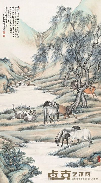 殷梓湘 甲戌(1934)年作 柳溪八骏 立轴 143.5×79.5cm