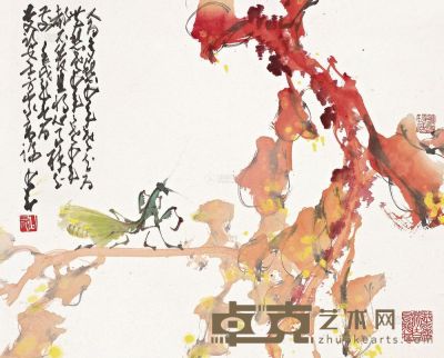 赵少昂 壬戌（1982）年作 螳螂老少年 立轴 30×37.5cm