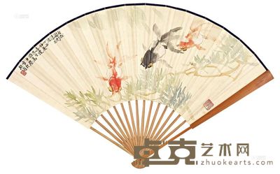 汪亚尘 程宗伊 自在游行漾玉波 节临《石鼓文》 成扇 18.5×51.5cm