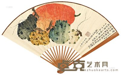 丁辅之 唐源邺 丁亥（1947）年作 五色瓜 皇甫松《浪淘沙》二首 成扇 18.8×51cm