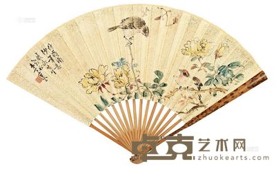 丁宝书 吴观岱 月季双禽 节临《书谱》 成扇 18×51cm