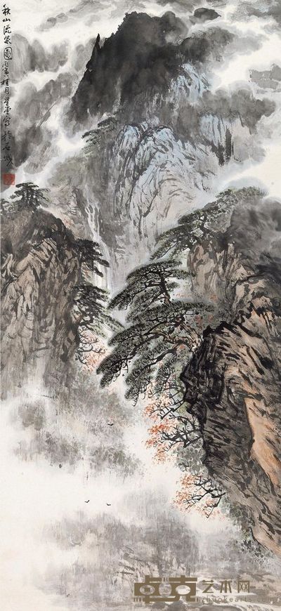 卢星堂 秋山流泉图 立轴 95×44cm