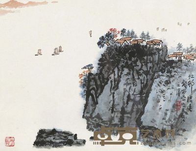 钱松嵒 江邨清远 镜心 32×43.5cm