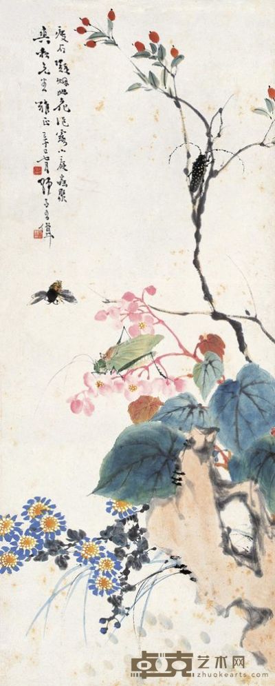 王伟 1941年作 花卉草虫 立轴 55×22cm