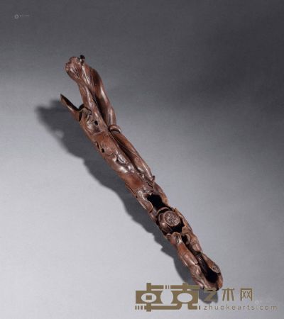 清中期 沉香木雕荷莲摆件 长37cm
