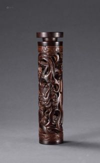 清中期 沉香木雕螭龙纹香筒