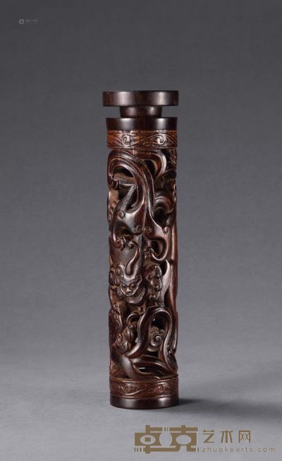 清中期 沉香木雕螭龙纹香筒 长25.7cm
