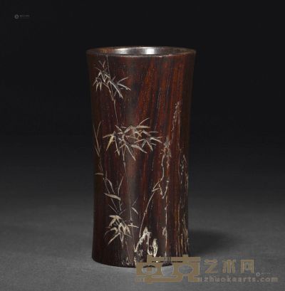 清 红木竹石图笔筒 高11cm；直径5.5cm