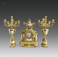 欧洲钟表（1850）塞夫勒瓷珐琅画烛台三件套钟