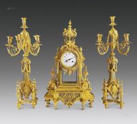 欧洲钟表（1880）铜鎏金天使烛台三件套钟