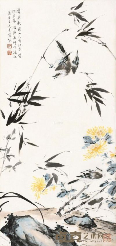 吴青霞 1998年作 花鸟 镜框 66×32cm