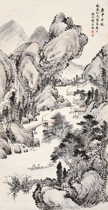 贺良朴 1920年作 秋山论道 立轴