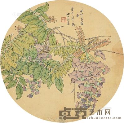 桂月芳 1903年作 花卉 扇面 直径27.5cm
