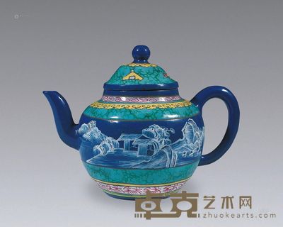 清中期 邵正来制紫泥加彩宫灯壶 宽16.5cm;高12.5cm