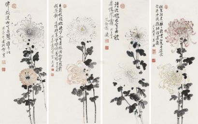 吴瀛 1948年作 花卉 镜框 四屏