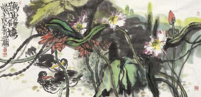 叶烂 2012年作 藕塘双栖 扇面