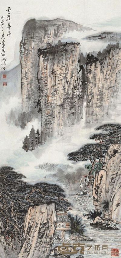 谢伯子 云崖奔泉 立轴 100×47.5cm