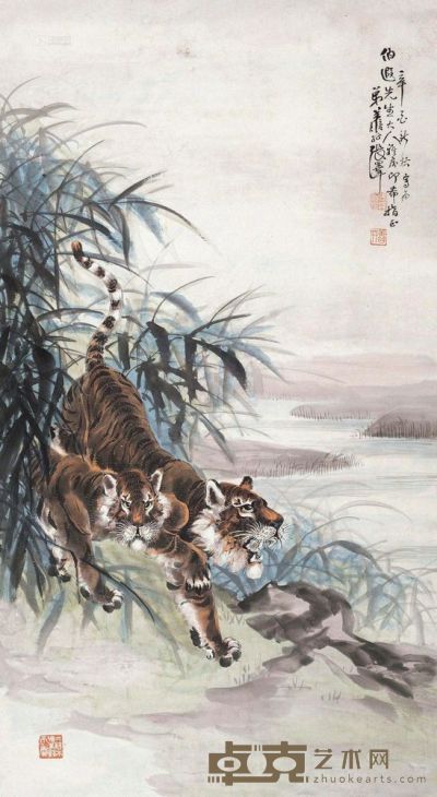 张善孖 辛酉（1921）年作 双虎图 立轴 147×80cm