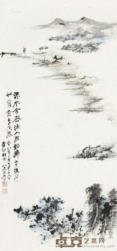 张大千 己未（1979）年作 清溪渔归图 镜片 106×50cm