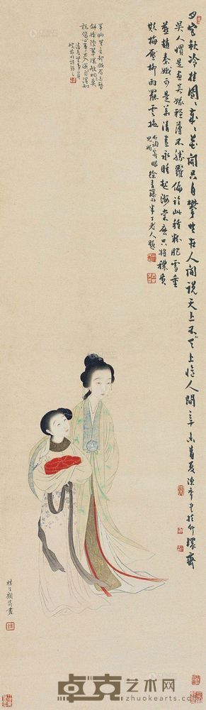 顾隽 陈半丁 双姝图 立轴 102×30cm