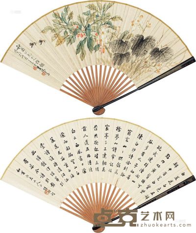 叶鸿业 孙树智 1903年作 金玉淑影 行书书法 成扇 17×48cm