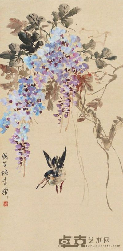 张书旂 1948年作 紫藤小鸟 立轴 65×32cm