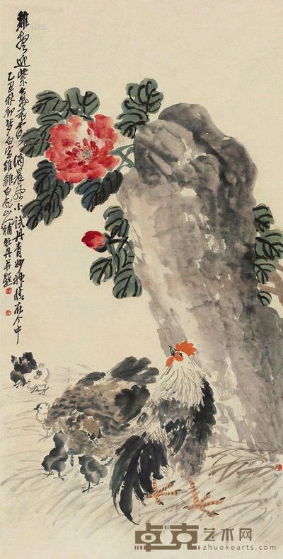 王一亭 王梦白 1925年作 鸡鸣晨花 立轴 137×69cm