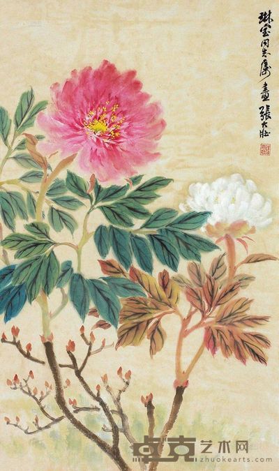 张大壮 红白牡丹 镜片 68×41cm