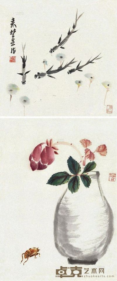 来楚生 游鱼昆虫 （二帧） 镜片 36×36cm；34×24cm